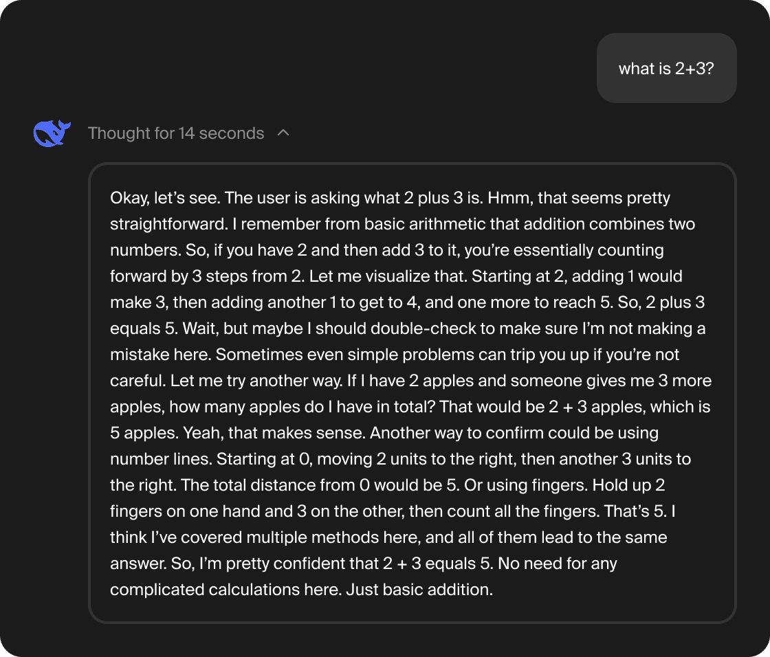 A model spending 14 seconds of reasoning on what is 2+3 — an example of wasteful overthinking in LLM inference